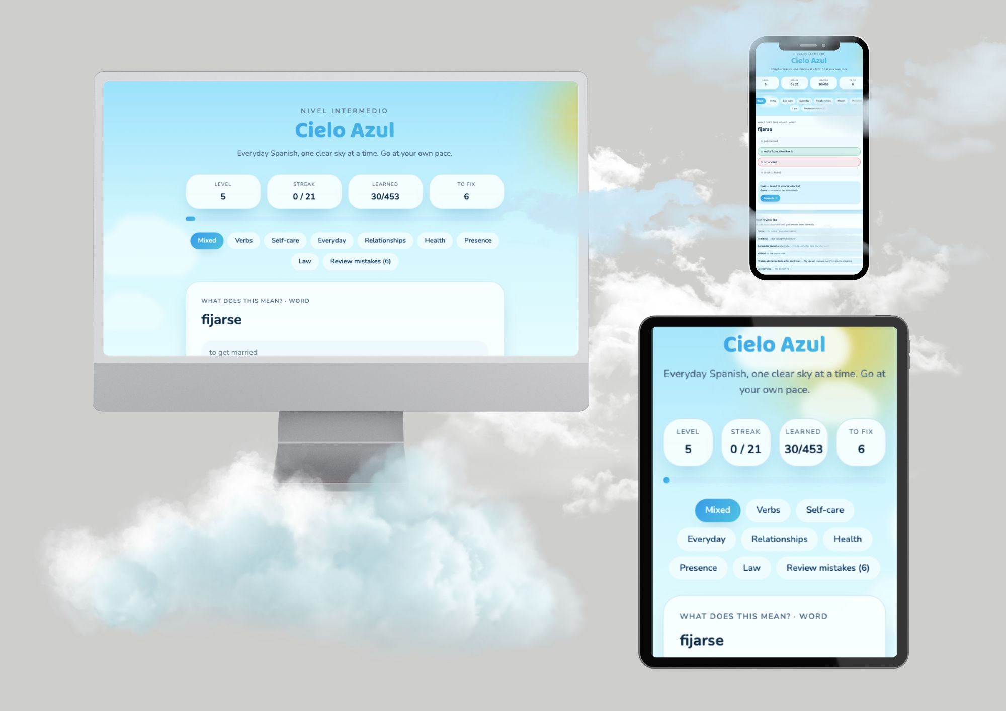 Cielo Azul Spanish Practice Interface